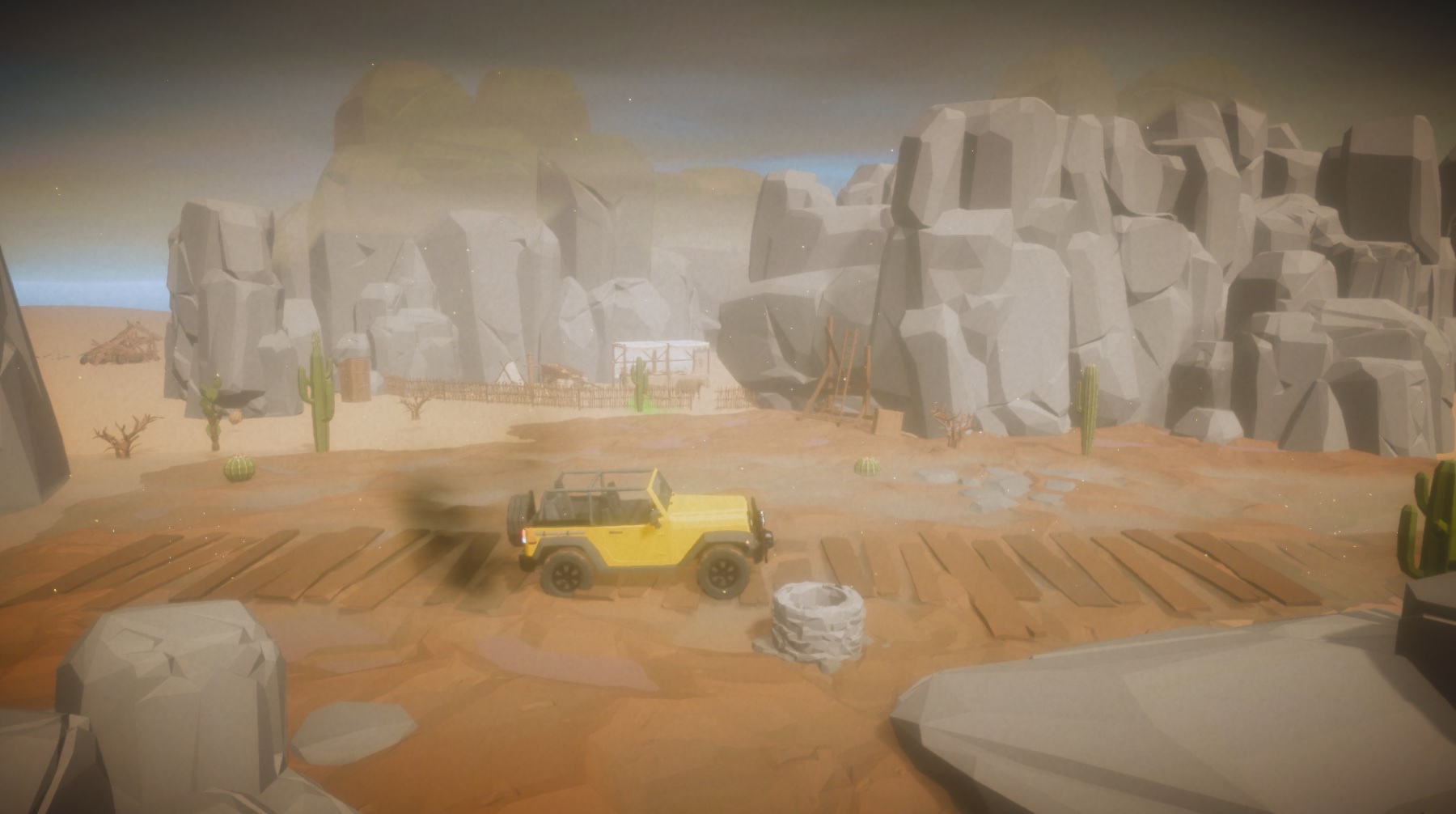 Work-in-progress Block Wildin' desert location with a yellow off-road vehicle, rock formations, wooden road, and cacti