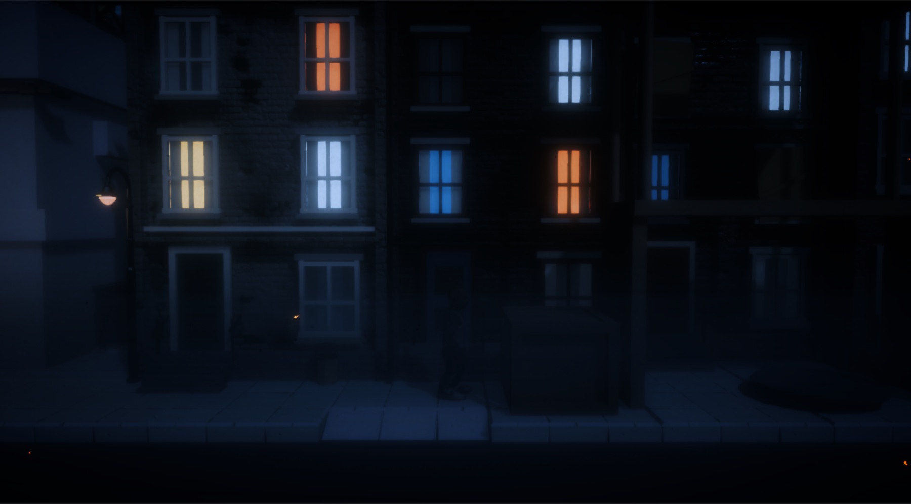 Work-in-progress Block Wildin' night street with dark brick houses and windows lit in blue, white, yellow, and orange