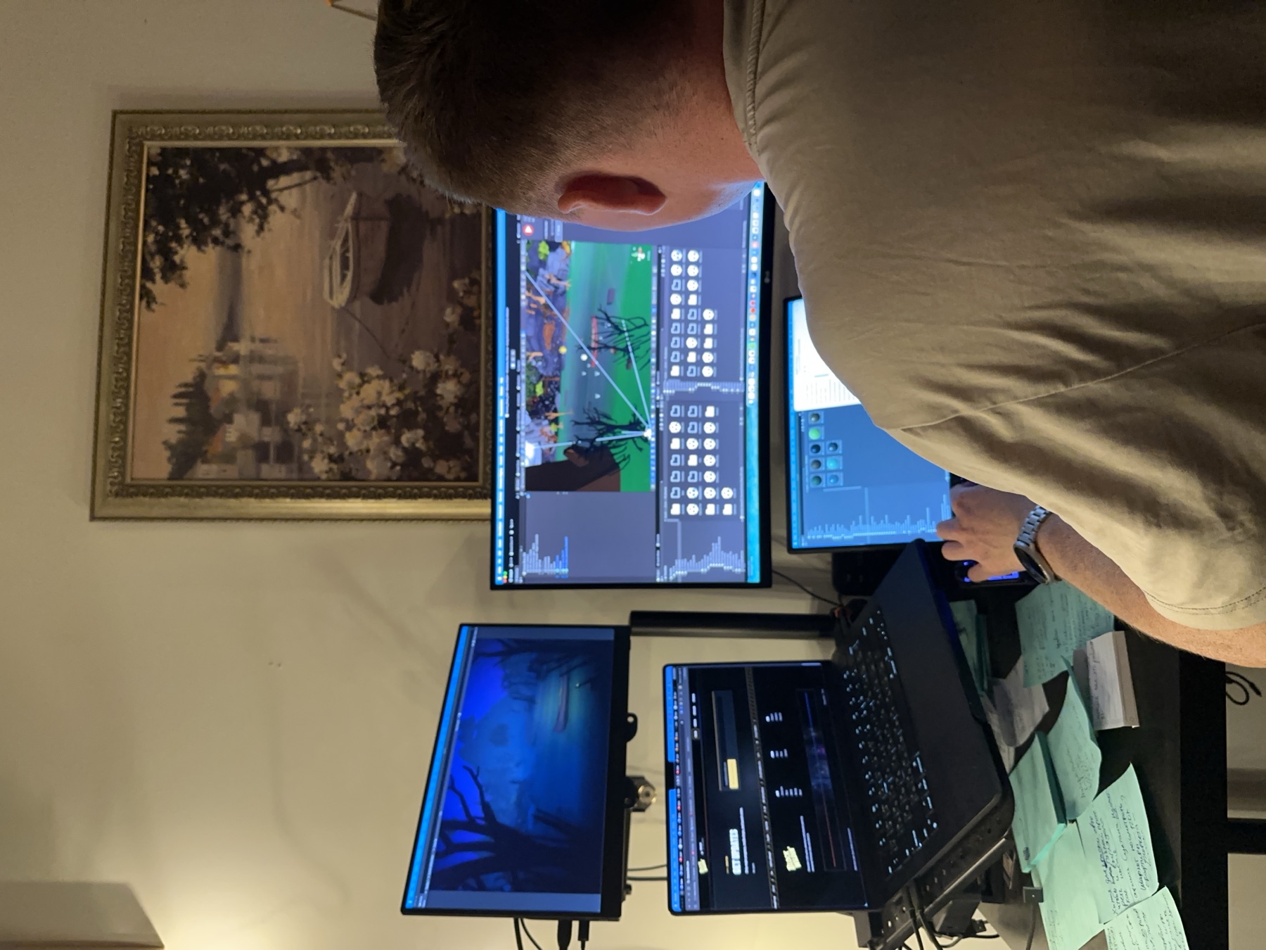 Block Wildin developer working in Unity across a multi-monitor production setup