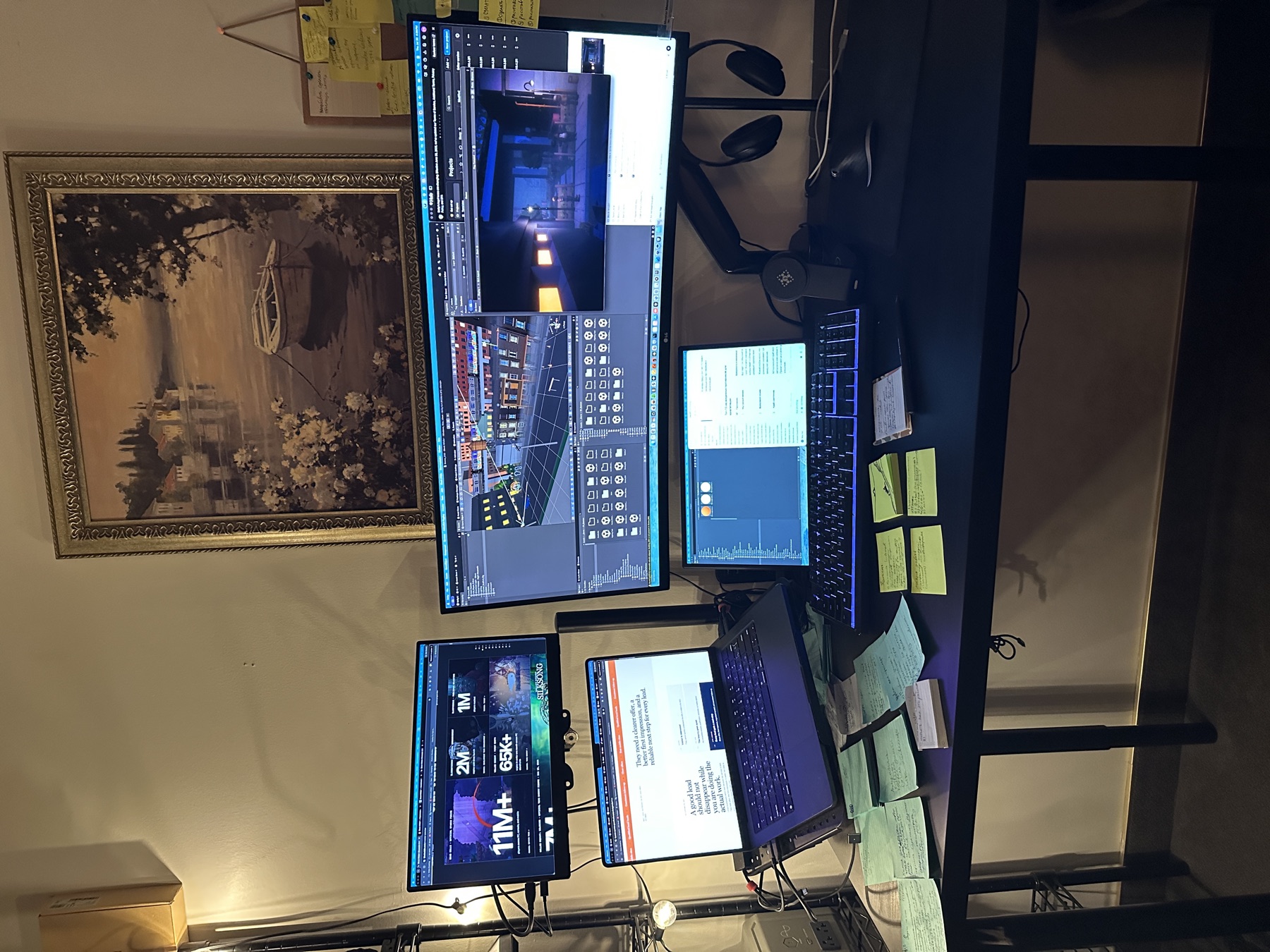 Block Wildin' production workstation showing the investor site, Unity editor, and a playable game view