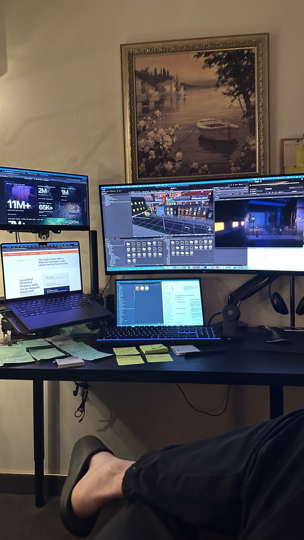 Full Block Wildin' development workstation with Unity, game footage, planning notes, and investor research