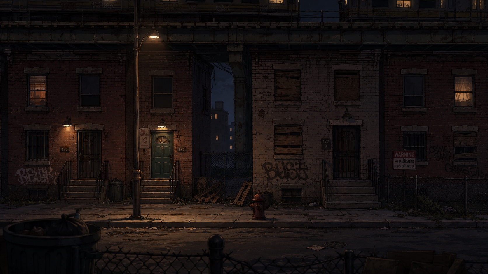 Nighttime brick row houses with stoops, street lamps, graffiti, and an elevated train