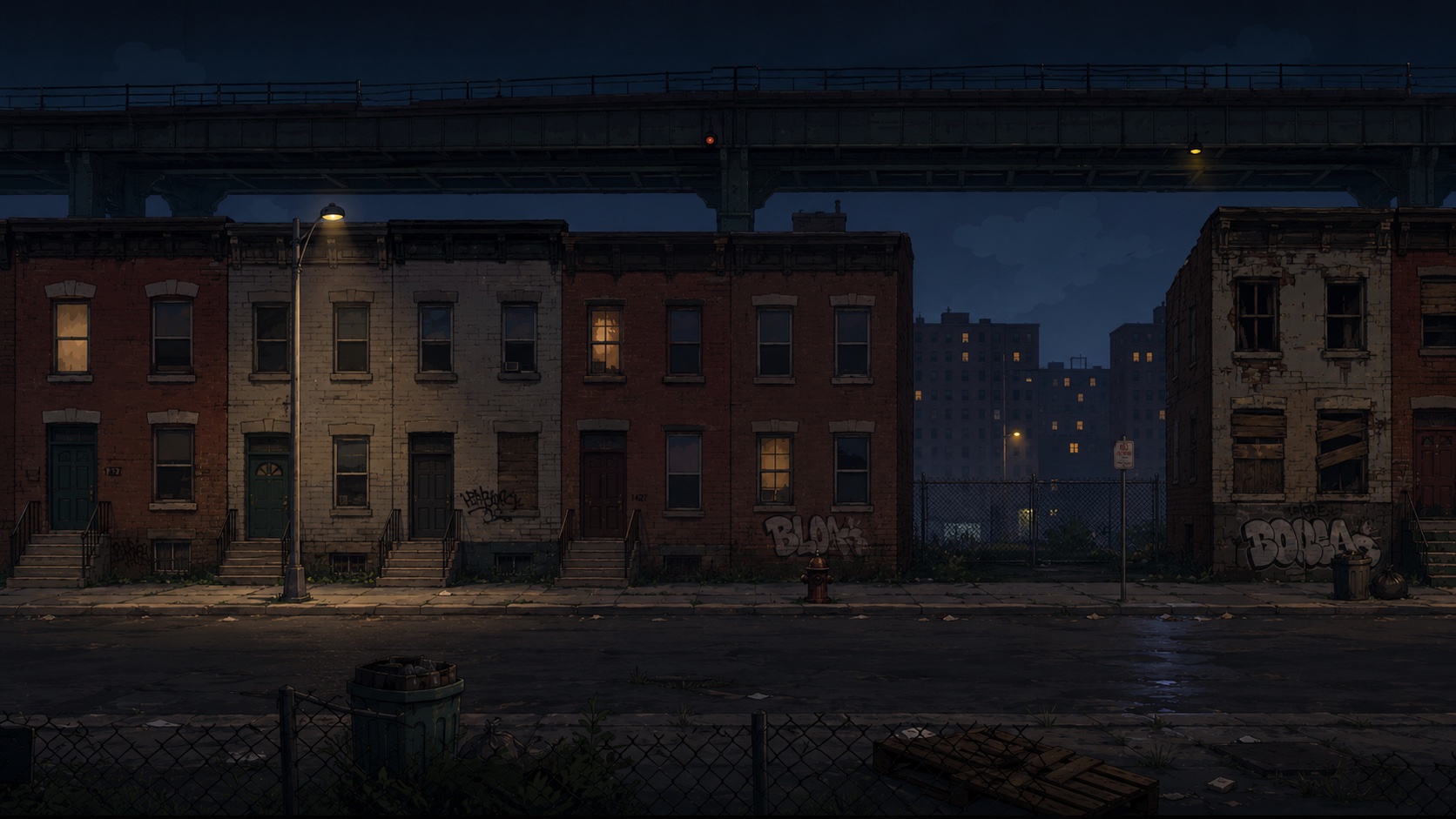 Wide nighttime street location beneath elevated train tracks with brick row houses