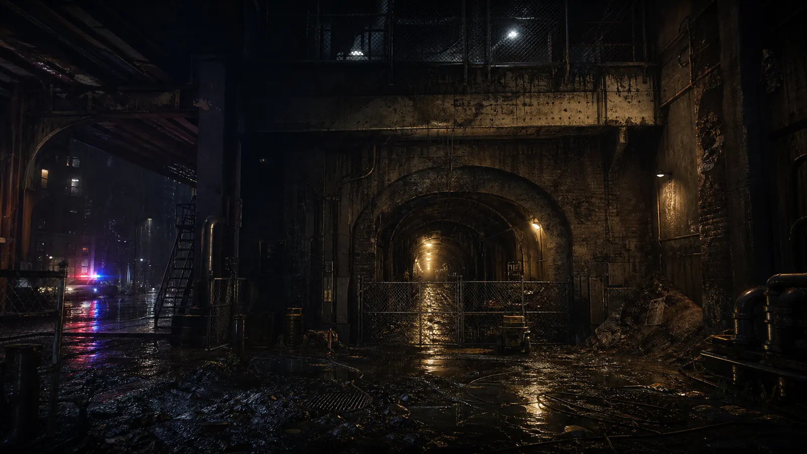 Subway service tunnel concept with cracked concrete, work lights, and damp surfaces